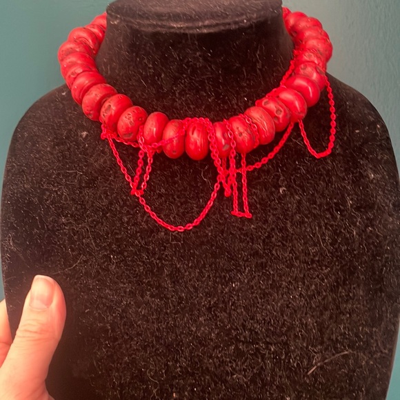 Rustic Tribal Red Beaded Chain Necklace - Picture 3 of 5